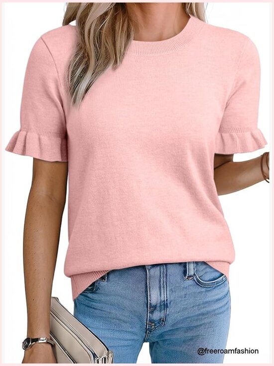 Sweaters - Wool Blend Short Puff Sleeve Sweater Knit Top Crewneck Casual